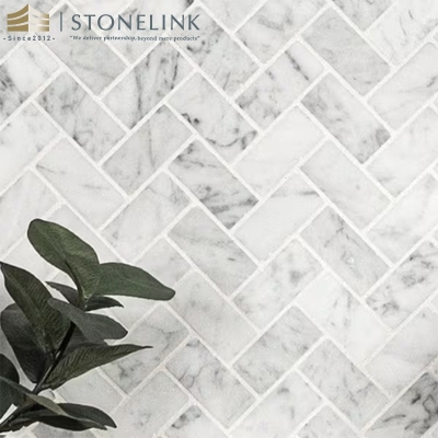 Carrara White herringbone honed marble mosaic